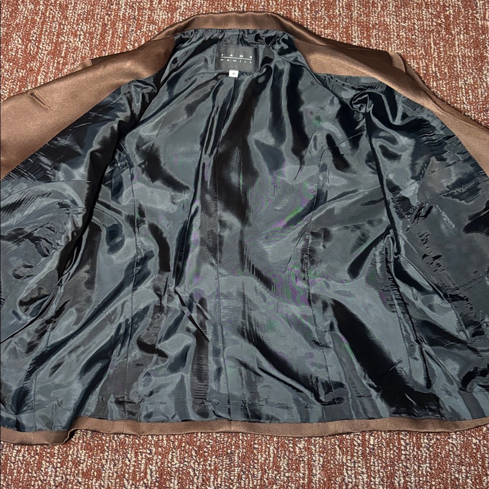 Chocolate Brown Satin Blazer fitted women’s blazer shiny button front structured - Picture 4 of 15